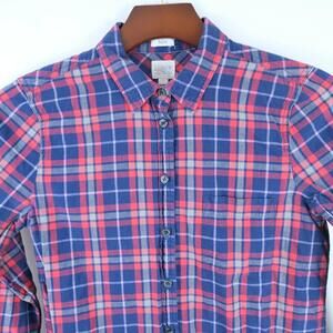 J Crew Womens Cotton Boy Fit Button Up Red Gray Navy Blue Plaid Blouse Small